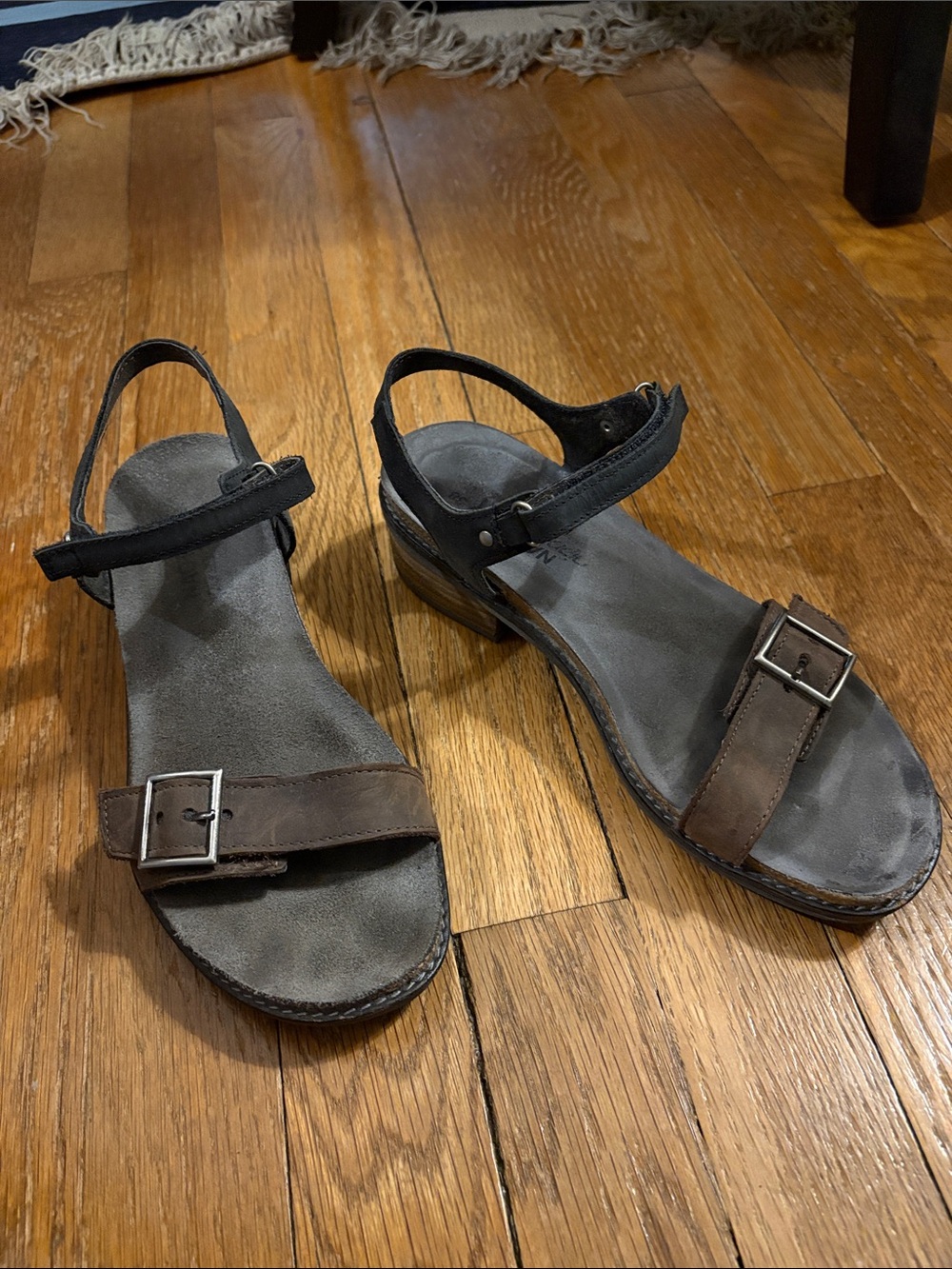 Naot Women's Black and Brown Leather Buckle Sandals with Ankle Strap